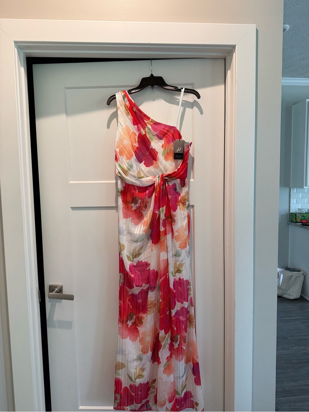 Adrianna Papell One-Shoulder Floral Maxi Dress in Pink, Coral & Green